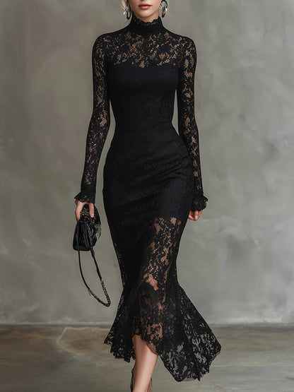 Women's Lace Bodycon Midi Dress Long Sleeve - Fashinoza