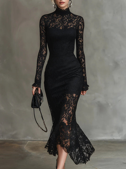 Women's Lace Bodycon Midi Dress Long Sleeve - Fashinoza