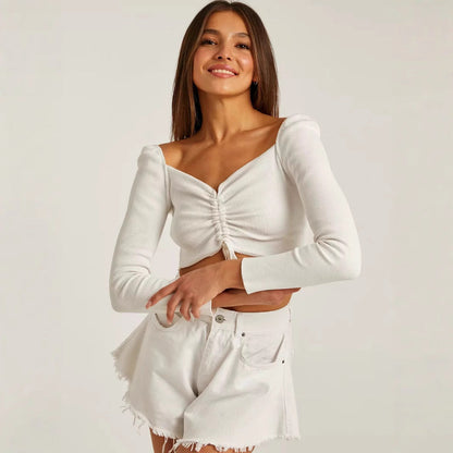 Women's Long Sleeve Crop Ruched Front - Fashinoza