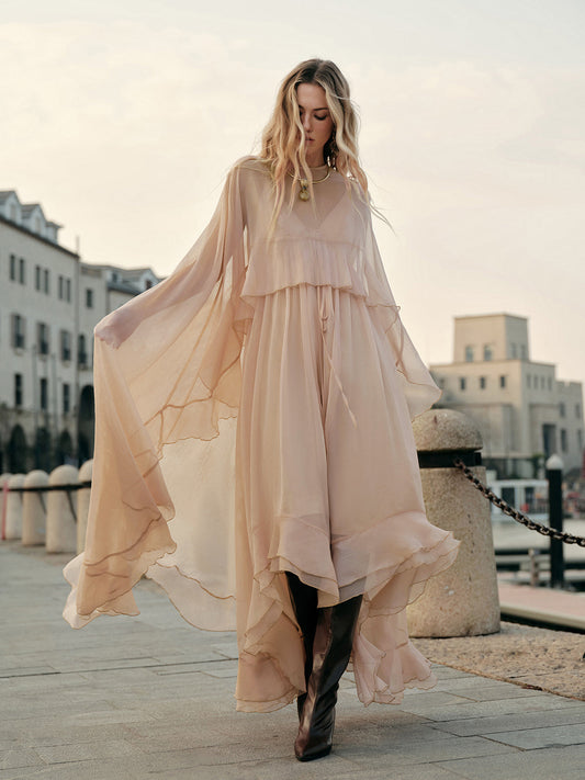 Women's Chiffon Maxi Dress Cape Sleeves - Fashinoza