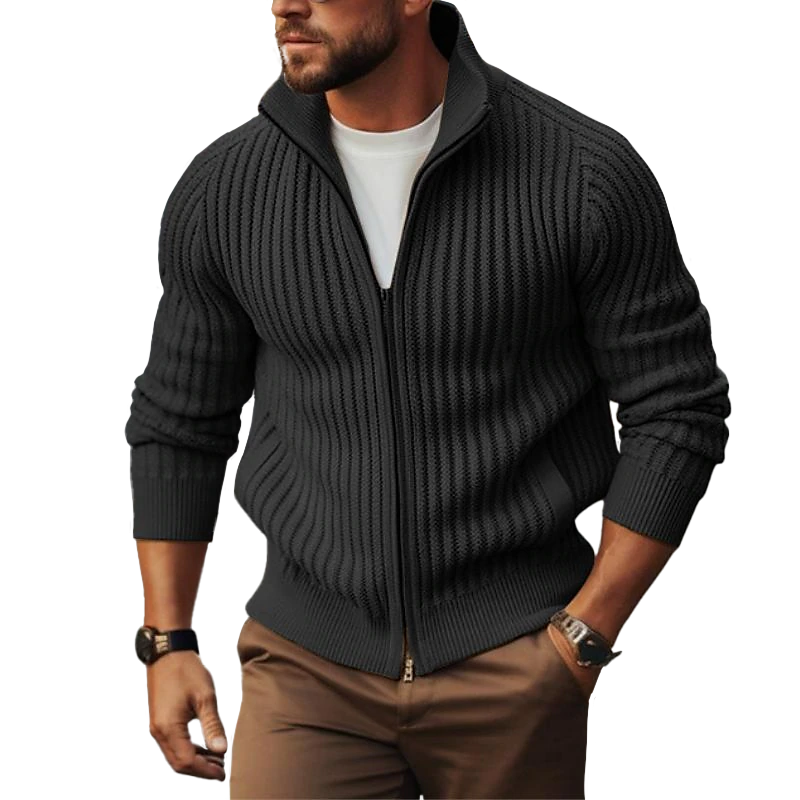 Men's Zip-Up Cardigan Ribbed Knit Stand Collar Black