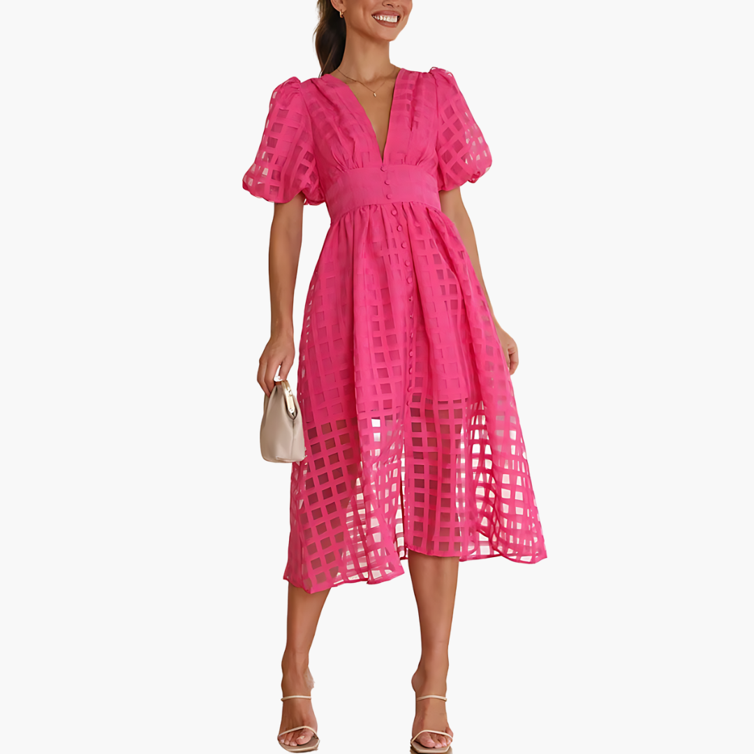 Cindy Women's A-Line Midi Dress Puff Sleeve - Fashinoza