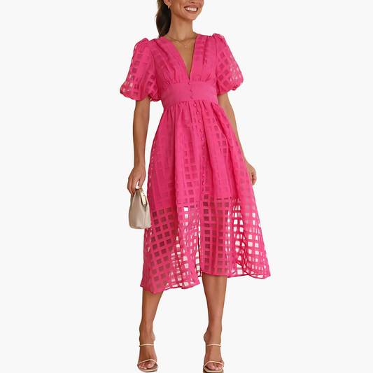 Cindy Women's A-Line Midi Dress Puff Sleeve - Fashinoza