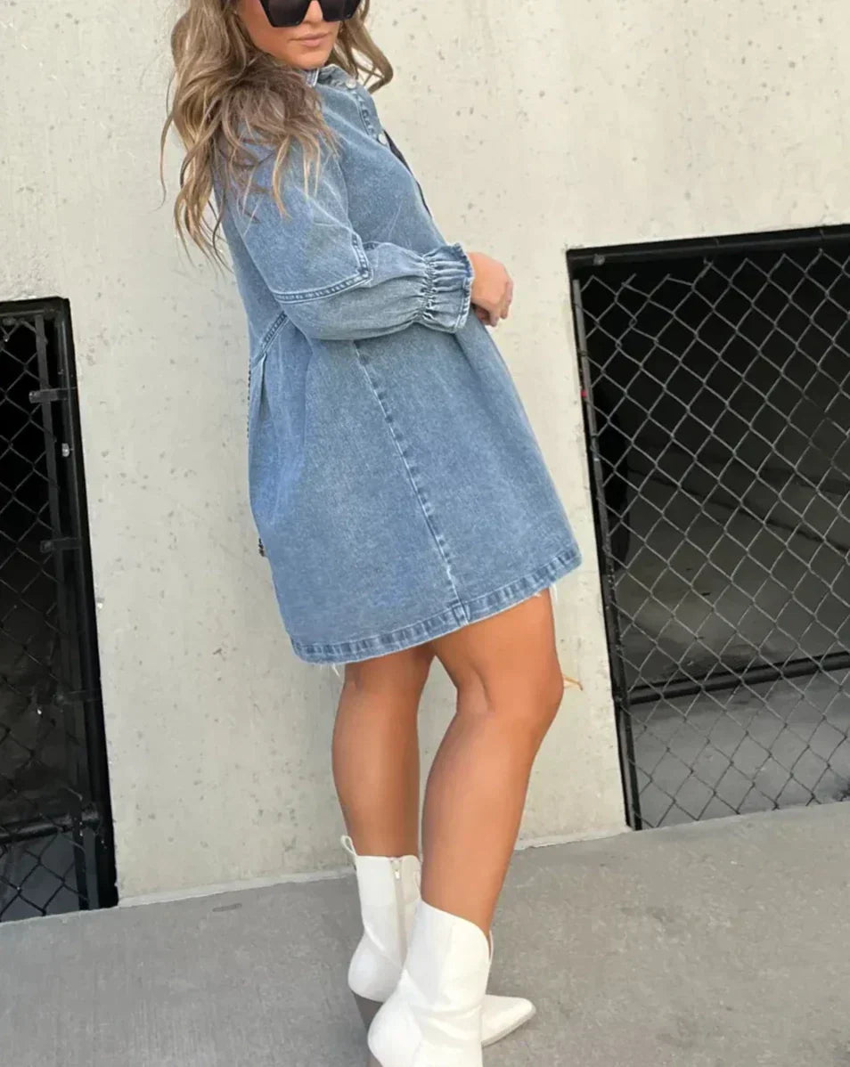 Image of Claire | Women's Button-Down Denim Mini Shirt Dress