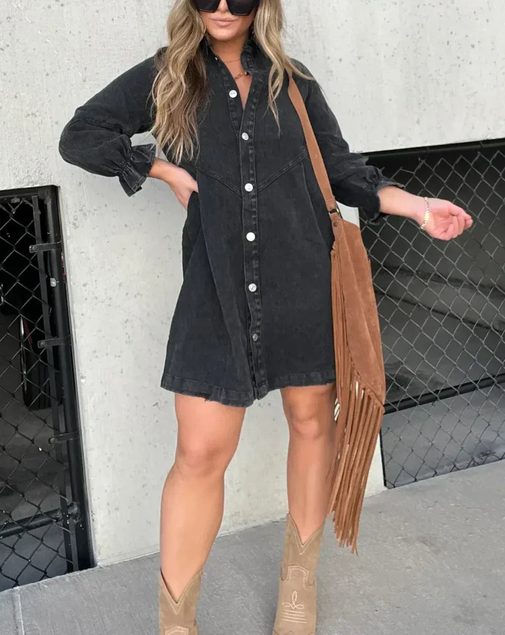 Image of Claire | Women's Button-Down Denim Mini Shirt Dress