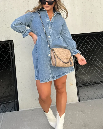 Image of Claire | Women's Button-Down Denim Mini Shirt Dress