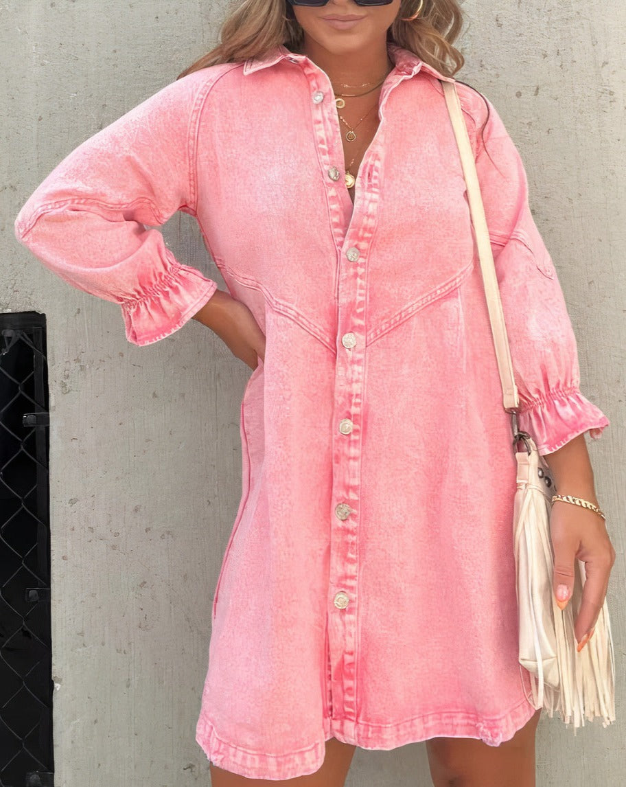 Image of Claire | Women's Button-Down Denim Mini Shirt Dress