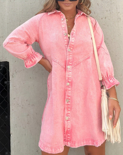 Image of Claire | Women's Button-Down Denim Mini Shirt Dress