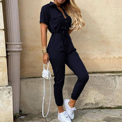 Image of Clara | Women's Belted Short Sleeve Jumpsuit