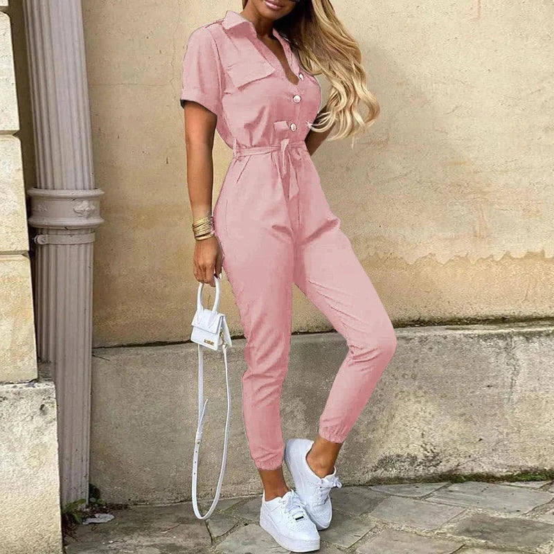 Image of Clara | Women's Belted Short Sleeve Jumpsuit