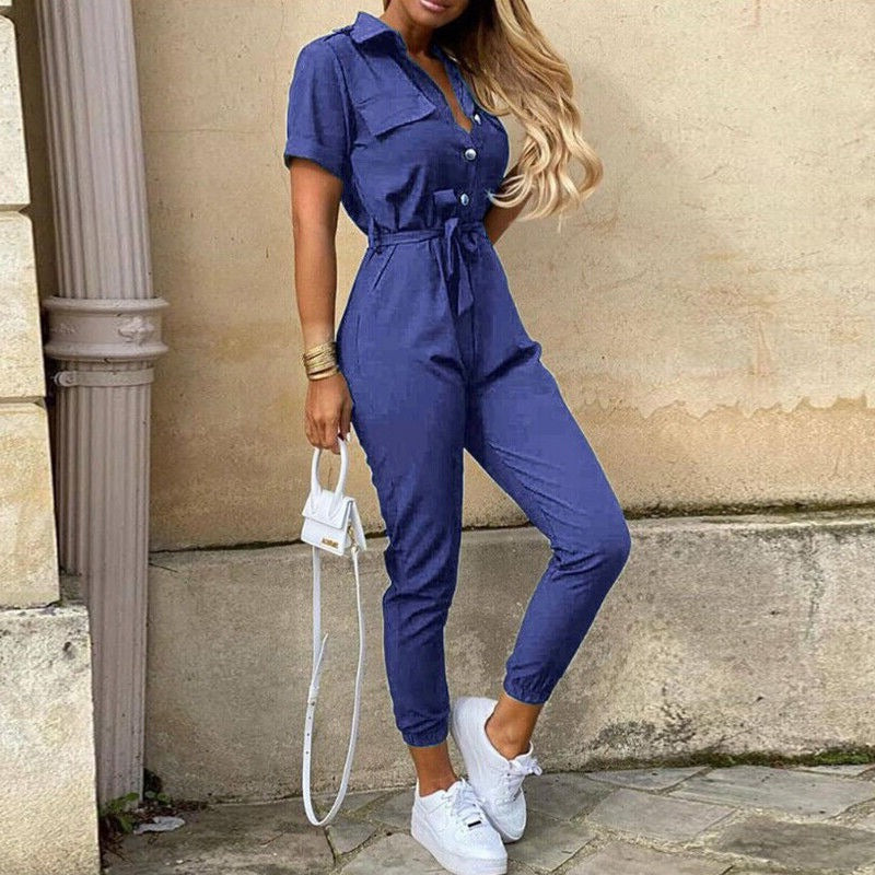 Image of Clara | Women's Belted Short Sleeve Jumpsuit