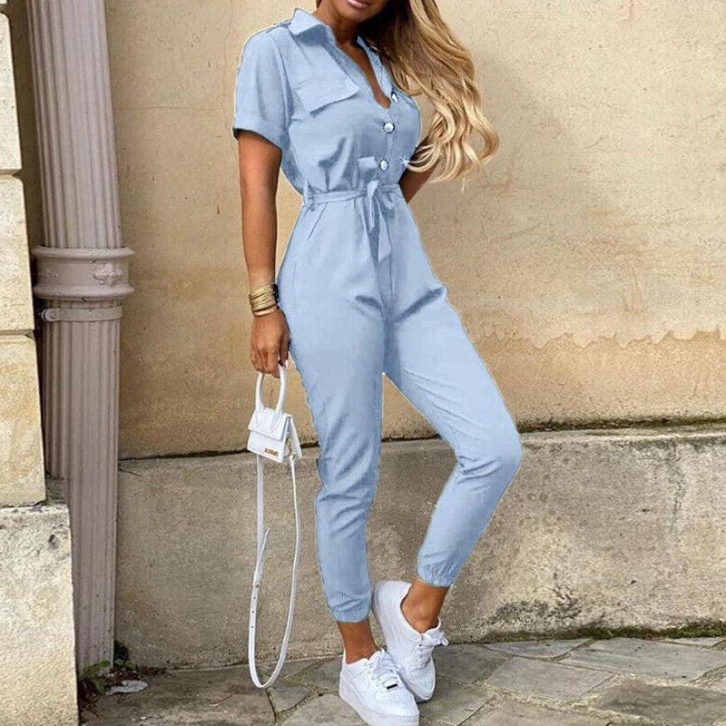 Image of Clara | Women's Belted Short Sleeve Jumpsuit