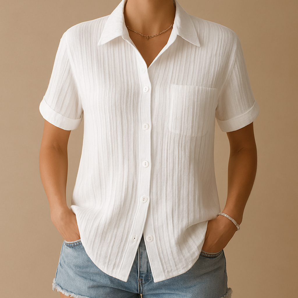 Women's Short Sleeve Blouse Cotton Chest Pocket White - 
Fashinoza