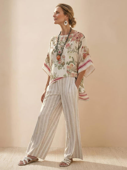 Women's Striped Wide Leg Pants Set Cotton Casual Beige
