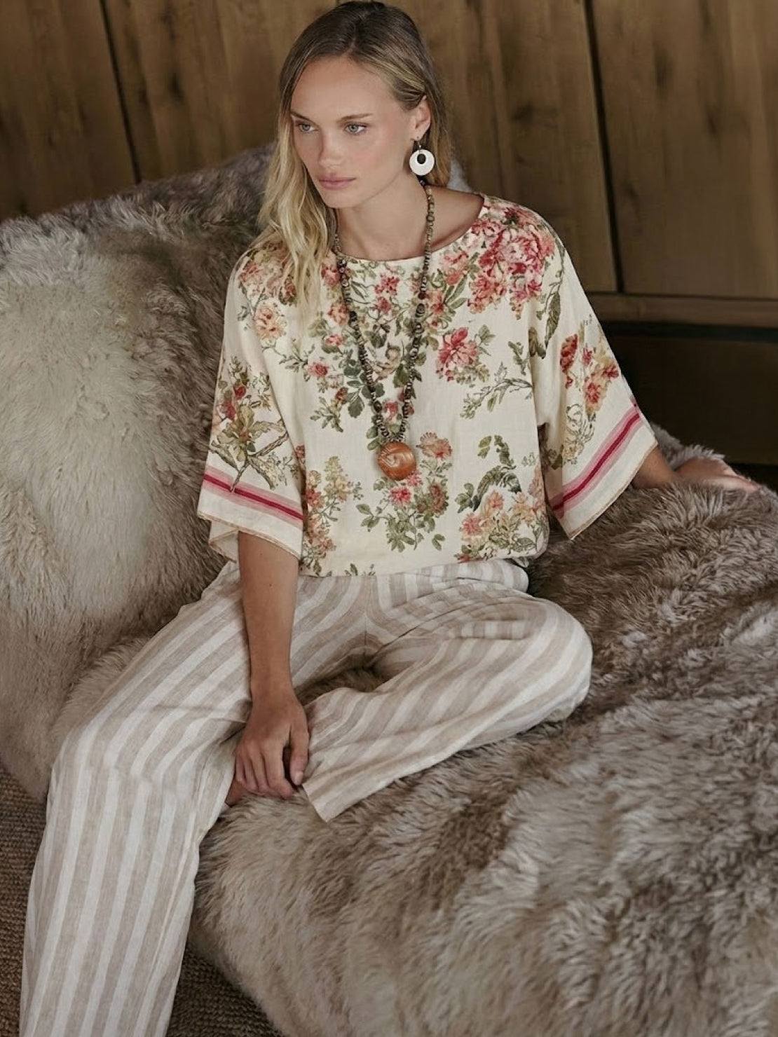 Women's Striped Wide Leg Pants Set Cotton Casual Beige