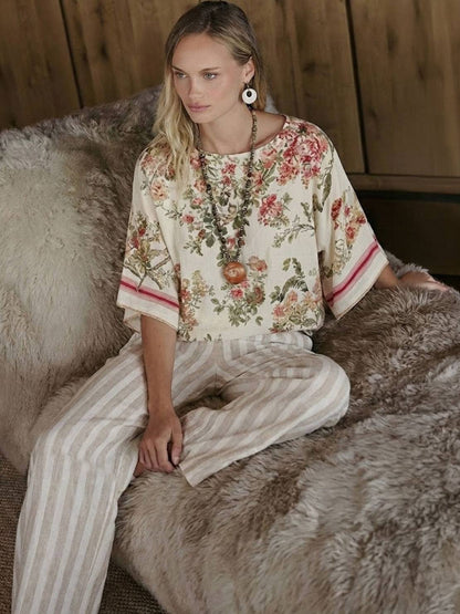Women's Striped Wide Leg Pants Set Cotton Casual Beige
