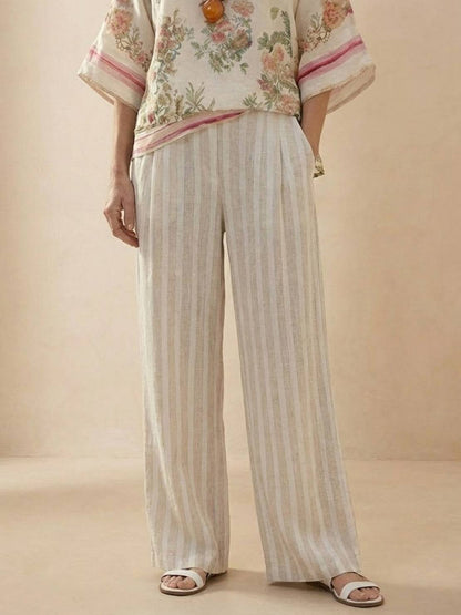 Women's Striped Wide Leg Pants Set Cotton Casual Beige