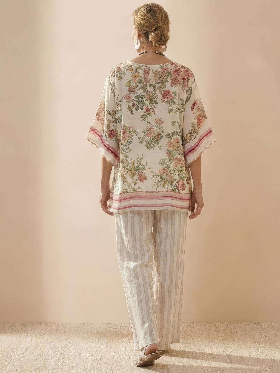 Women's Striped Wide Leg Pants Set Cotton Casual Beige