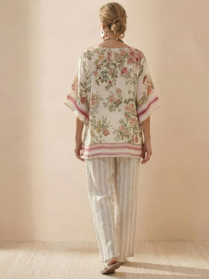 Women's Striped Wide Leg Pants Set Cotton Casual Beige
