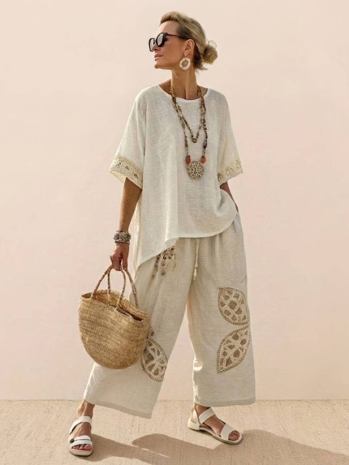 Women's Striped Wide Leg Pants Set Cotton Casual Beige