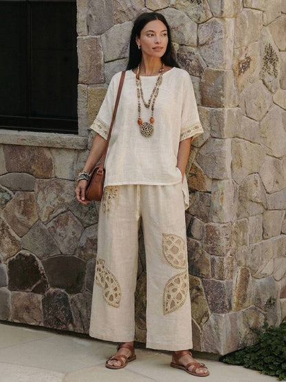 Women's Striped Wide Leg Pants Set Cotton Casual Beige