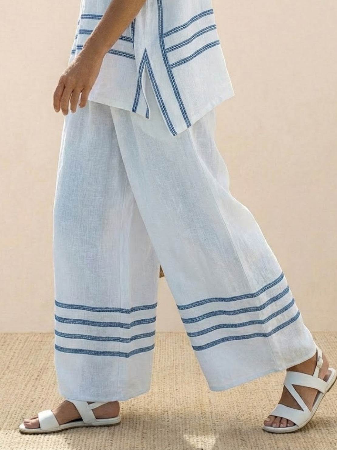 Women's Striped Wide Leg Pants Set Cotton Casual Beige