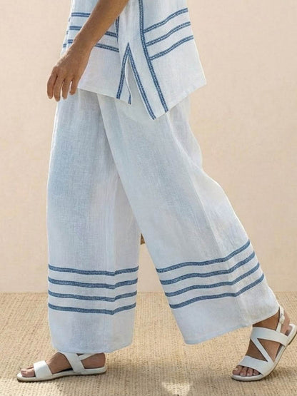 Women's Striped Wide Leg Pants Set Cotton Casual Beige