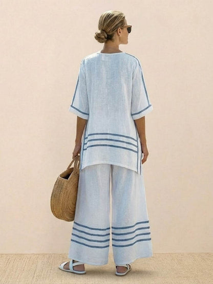 Women's Striped Wide Leg Pants Set Cotton Casual Beige