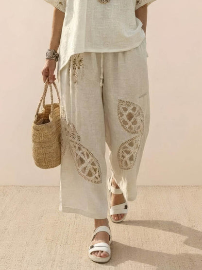 Women's Striped Wide Leg Pants Set Cotton Casual Beige
