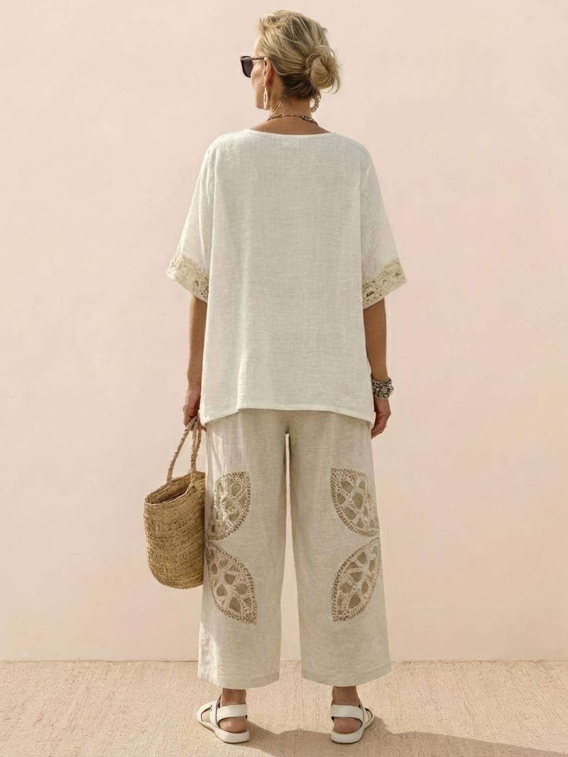 Women's Striped Wide Leg Pants Set Cotton Casual Beige
