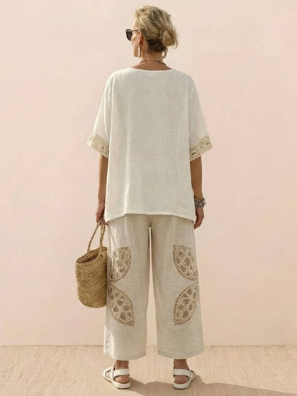 Women's Striped Wide Leg Pants Set Cotton Casual Beige