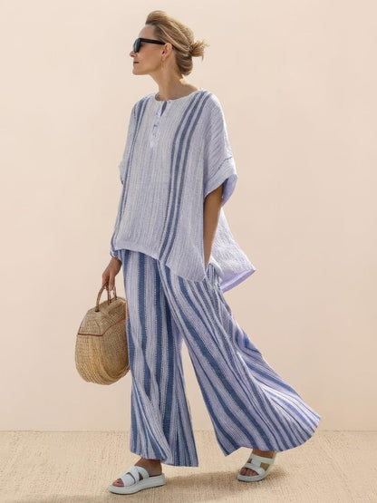 Women's Striped Wide Leg Pants Set Cotton Casual Beige