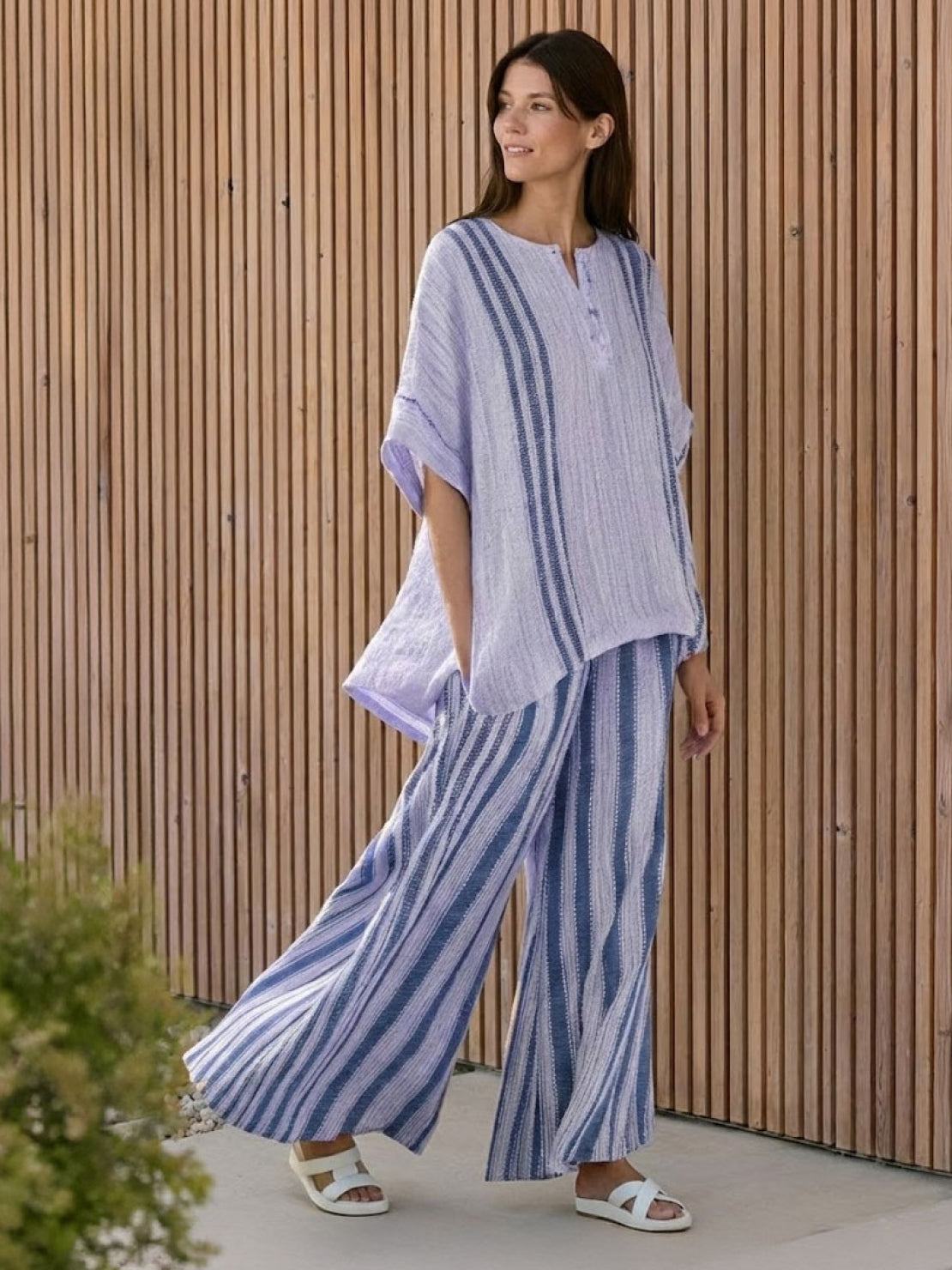 Women's Striped Wide Leg Pants Set Cotton Casual Beige