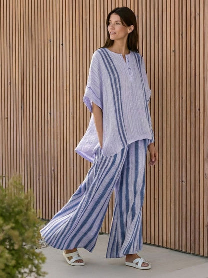 Women's Striped Wide Leg Pants Set Cotton Casual Beige