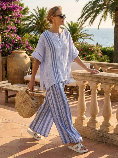 Women's Striped Wide Leg Pants Set Cotton Casual Beige