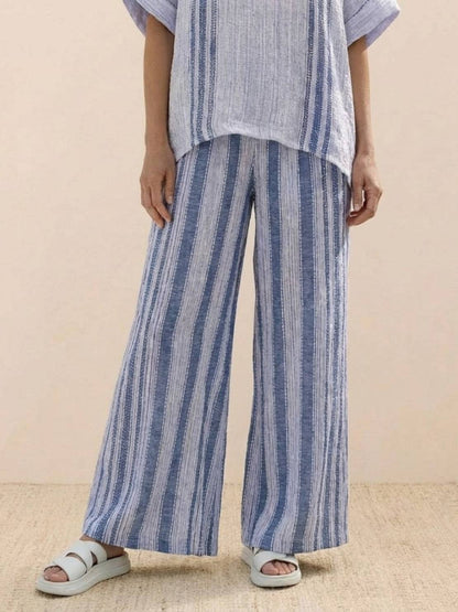 Women's Striped Wide Leg Pants Set Cotton Casual Beige
