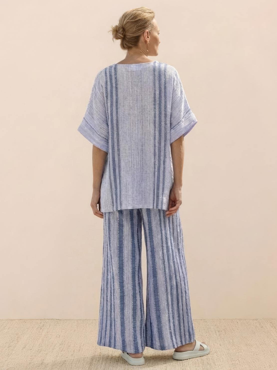 Women's Striped Wide Leg Pants Set Cotton Casual Beige