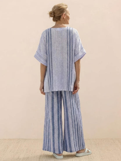 Women's Striped Wide Leg Pants Set Cotton Casual Beige