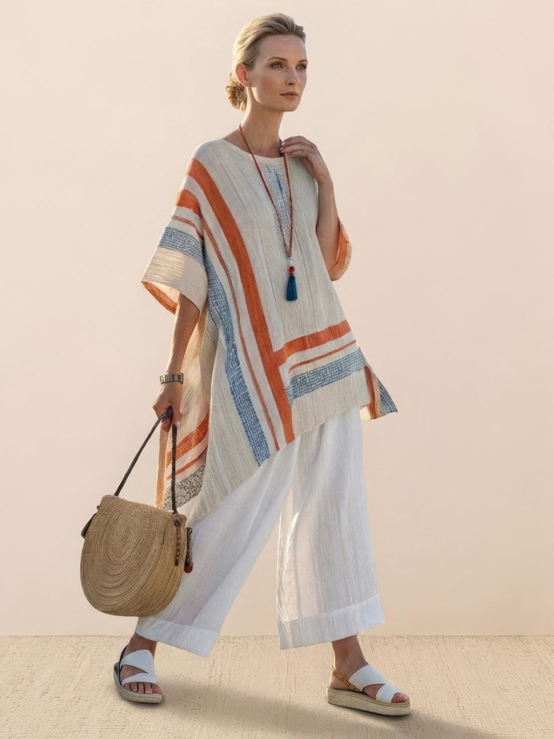 Women's Striped Wide Leg Pants Set Cotton Casual Beige