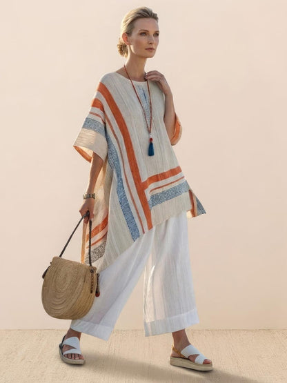 Women's Striped Wide Leg Pants Set Cotton Casual Beige