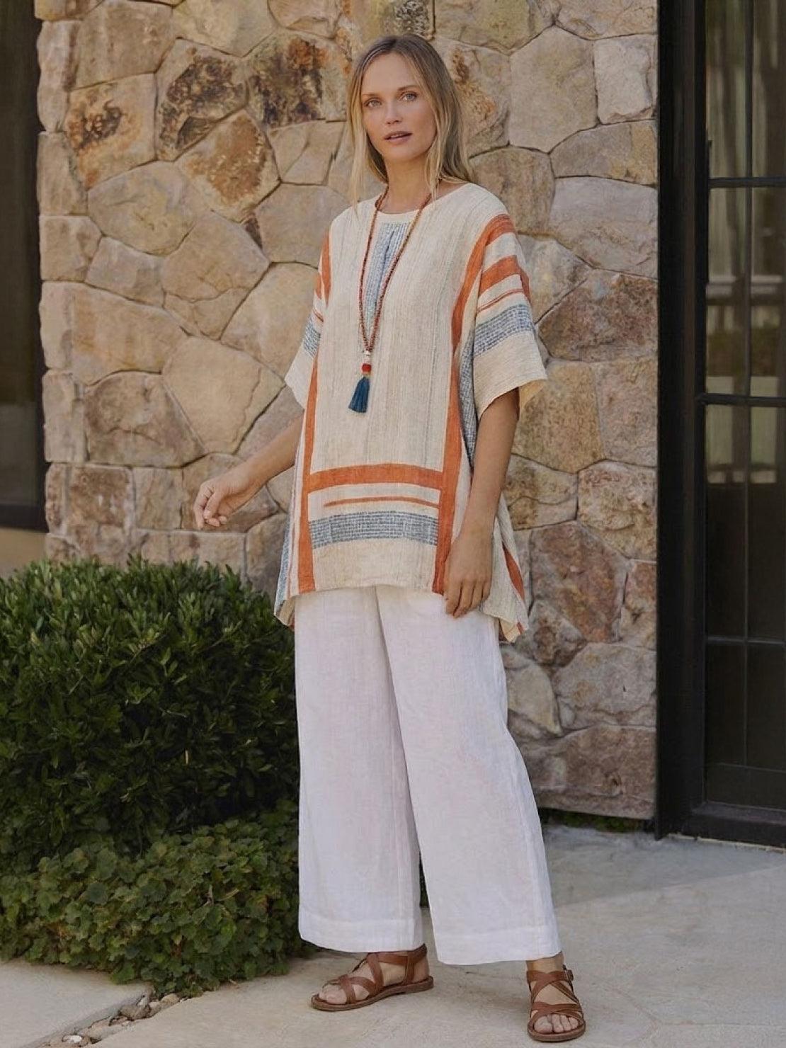 Women's Striped Wide Leg Pants Set Cotton Casual Beige