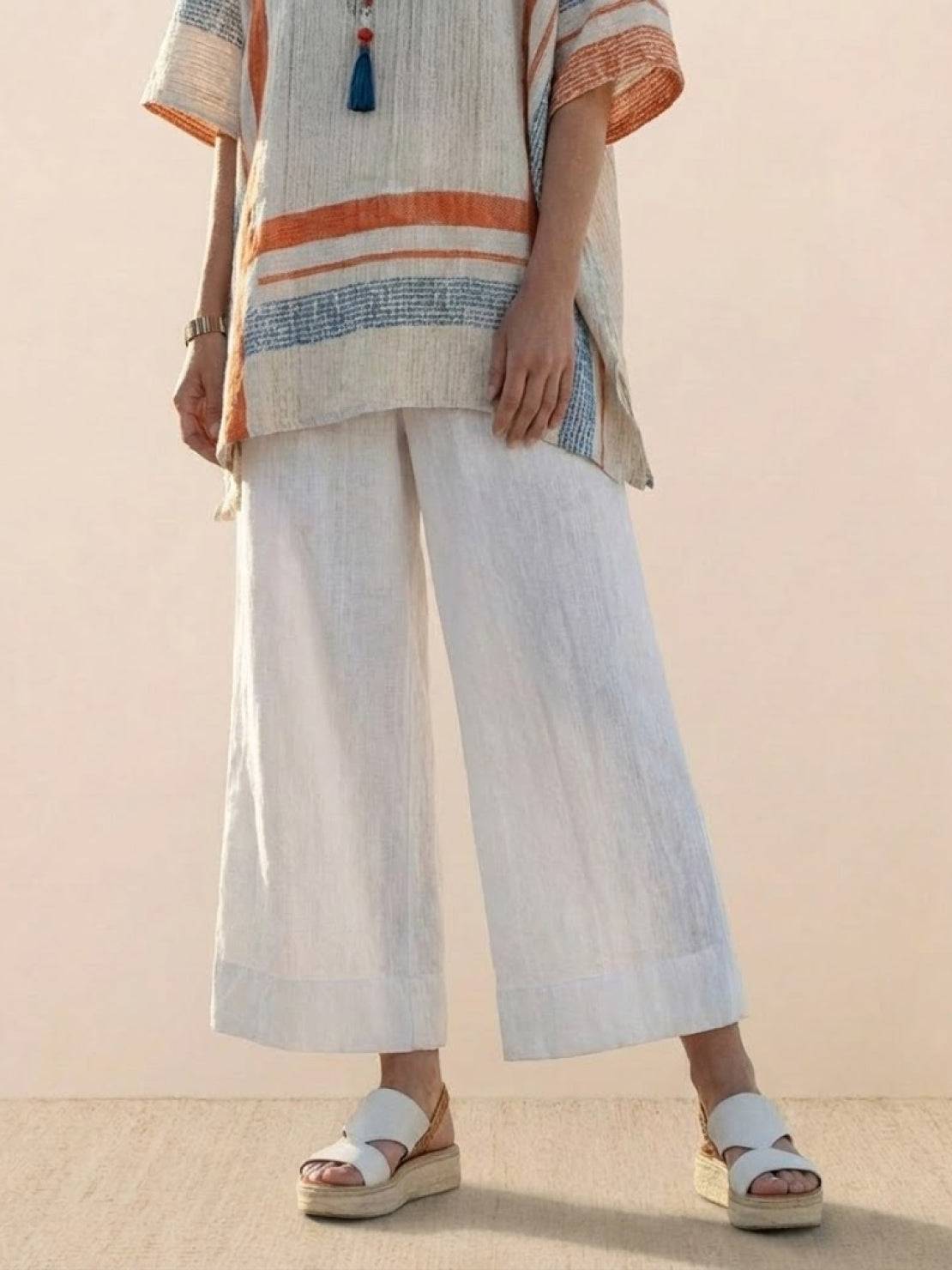 Women's Striped Wide Leg Pants Set Cotton Casual Beige