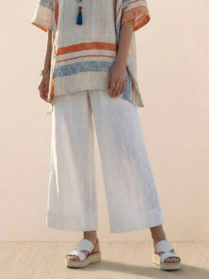 Women's Striped Wide Leg Pants Set Cotton Casual Beige