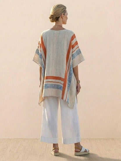 Women's Striped Wide Leg Pants Set Cotton Casual Beige