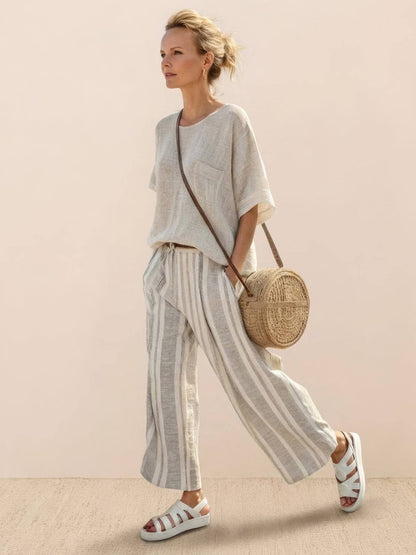 Women's Striped Wide Leg Pants Set Cotton Casual Beige - Fashinoza
