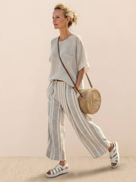 Women's Striped Wide Leg Pants Set Cotton Casual Beige - Fashinoza