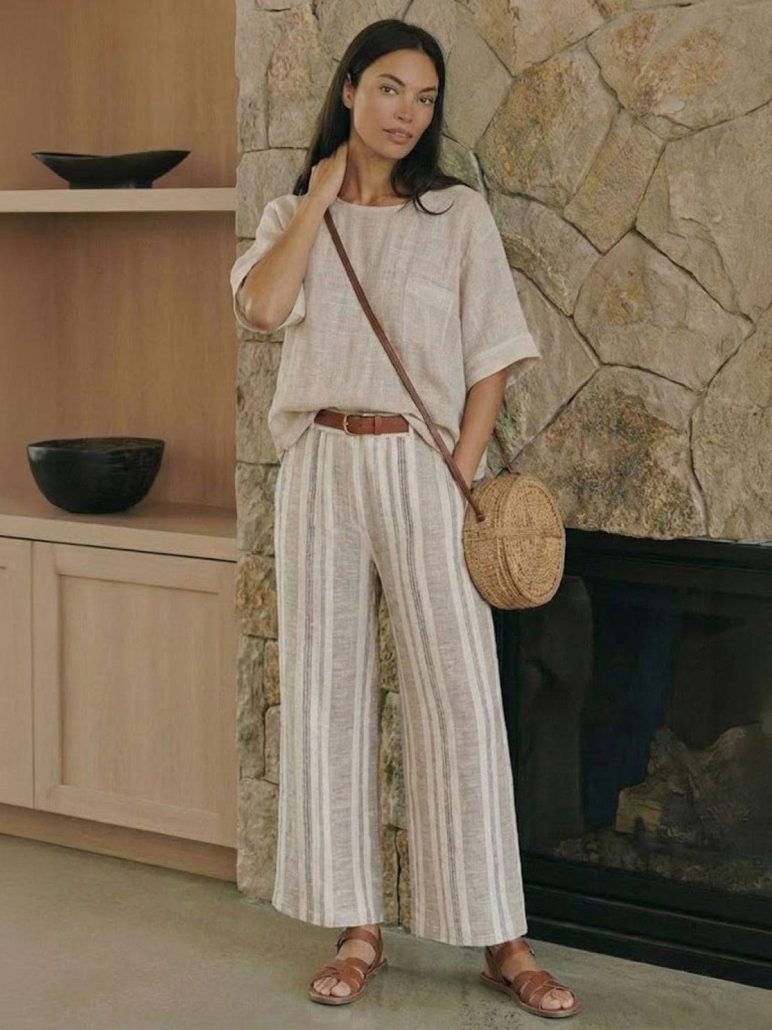 Women's Striped Wide Leg Pants Set Cotton Casual Beige