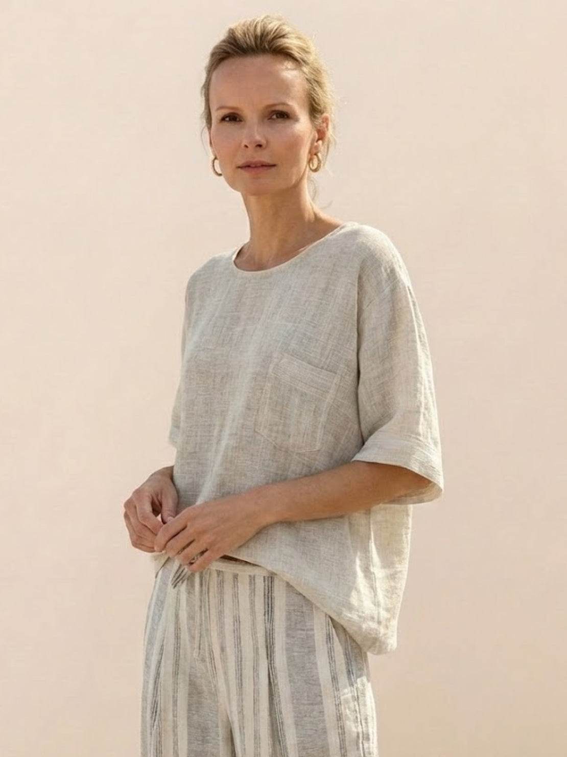 Women's Striped Wide Leg Pants Set Cotton Casual Beige