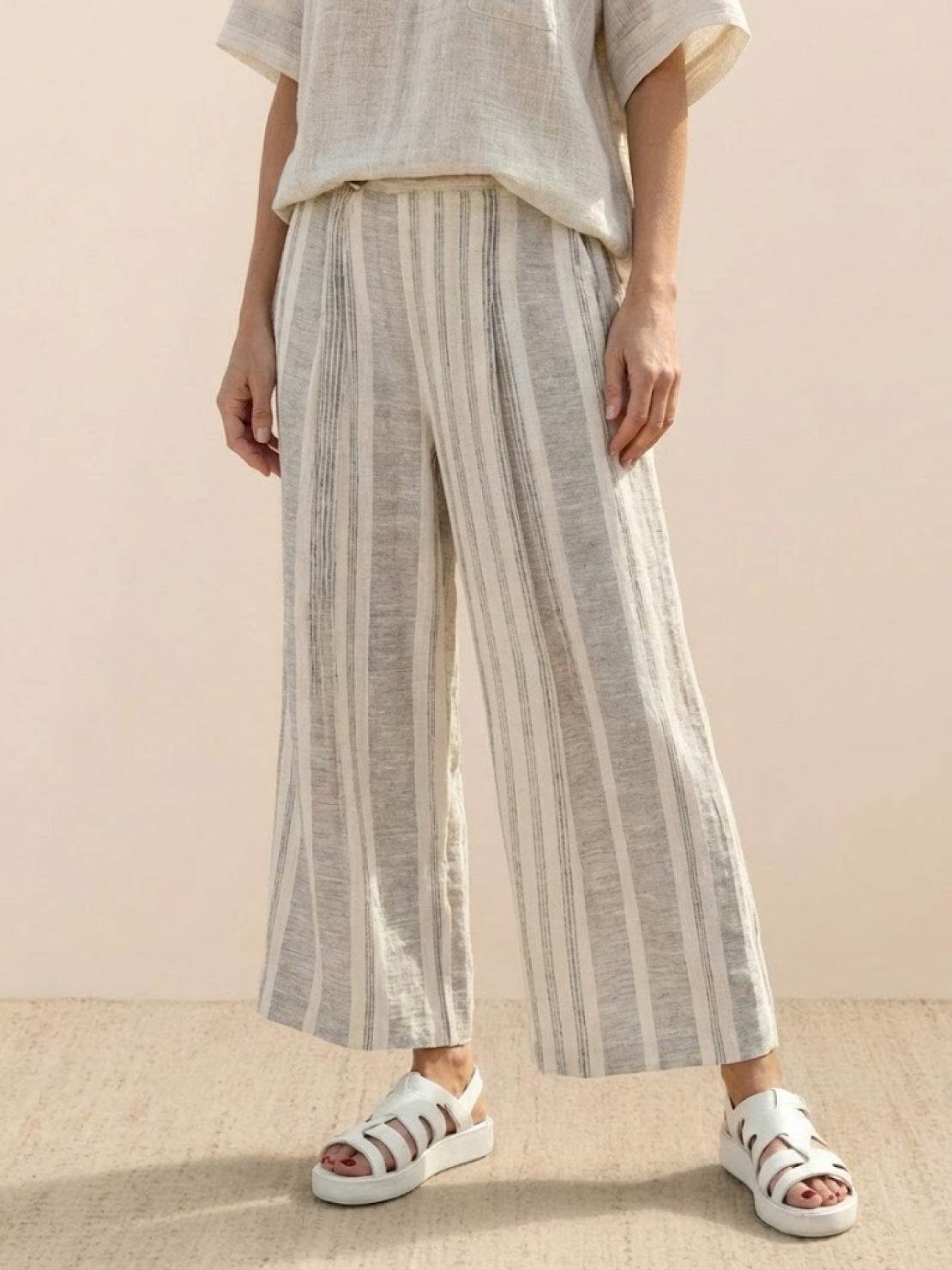 Women's Striped Wide Leg Pants Set Cotton Casual Beige