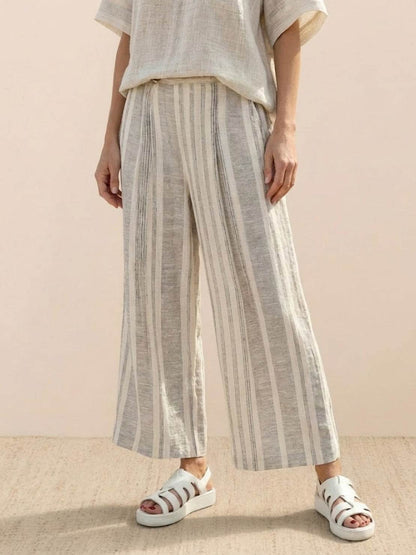 Women's Striped Wide Leg Pants Set Cotton Casual Beige